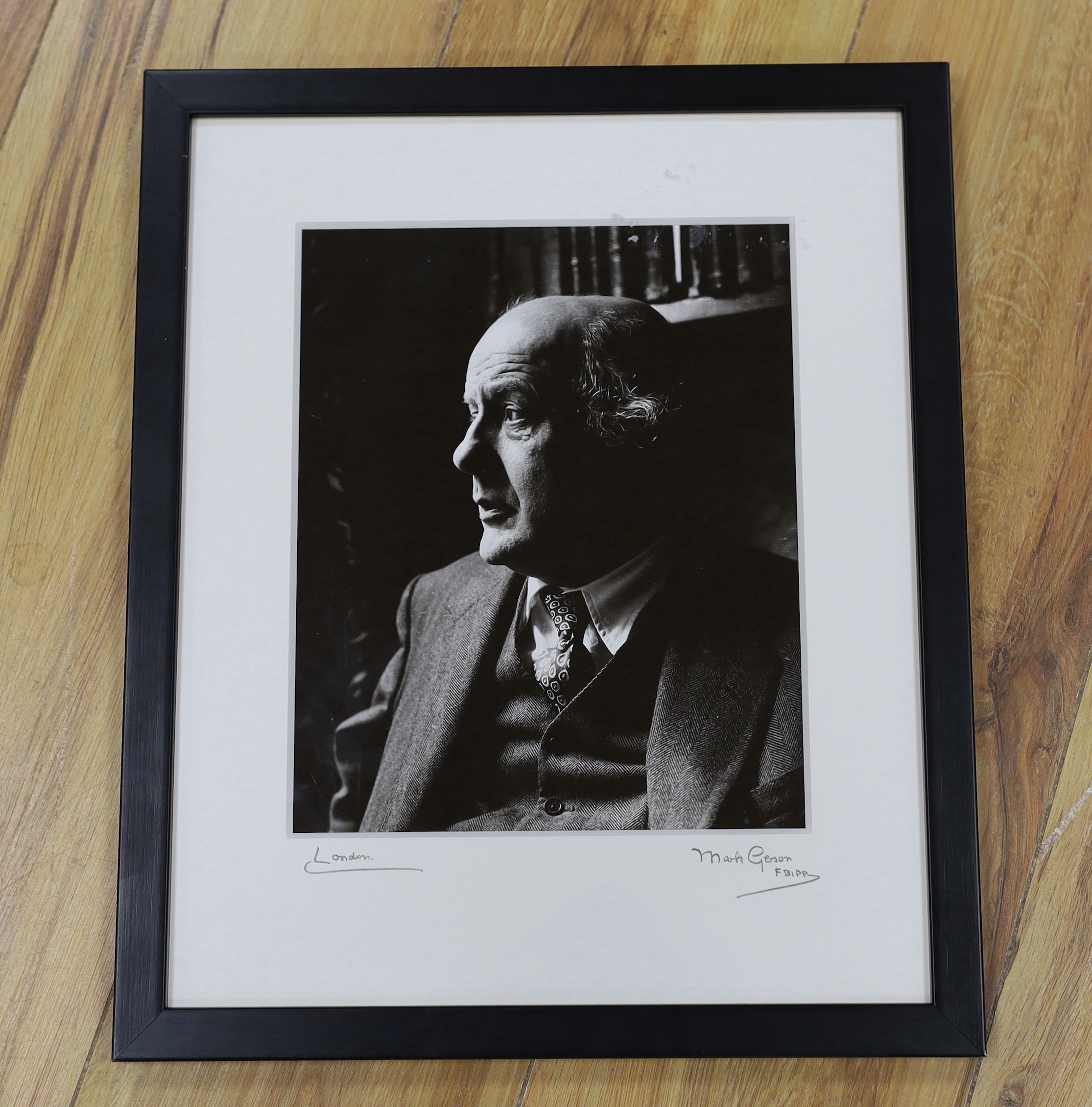 Mark Gerson, (b.1921). A vintage black and white photograph, Portrait of John Betjeman, signed by the photographer to the mount, 24 x 19cm